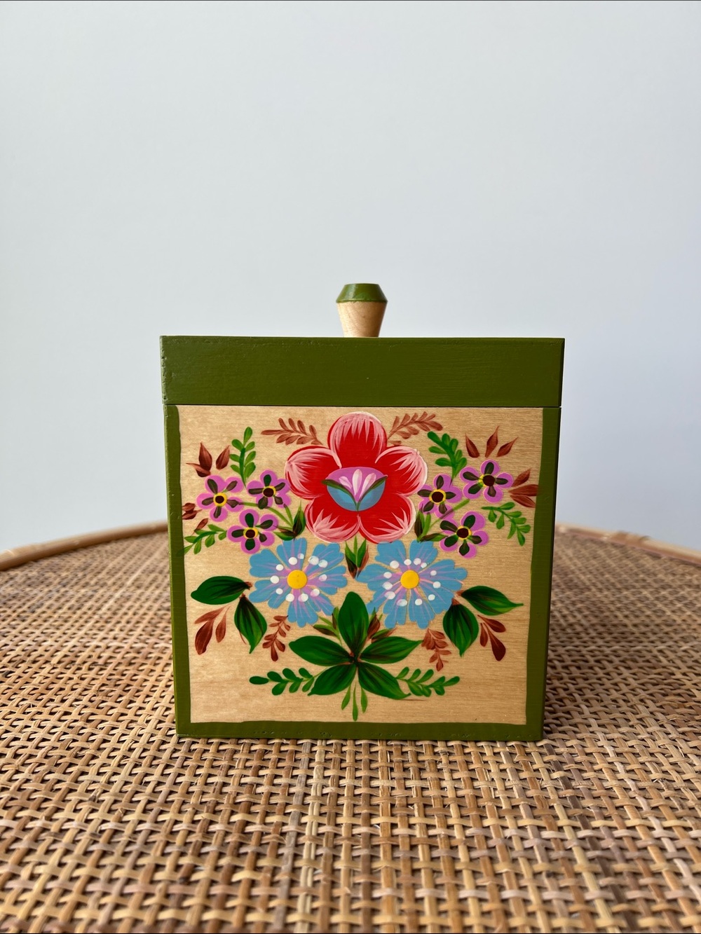 Hand Painted Floral Lidded Wood Box Decor